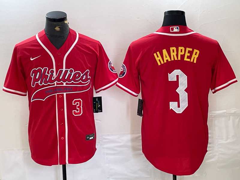 Men%27s Philadelphia Phillies #3 Bryce Harper Number Red Cool Base Stitched Baseball Jersey